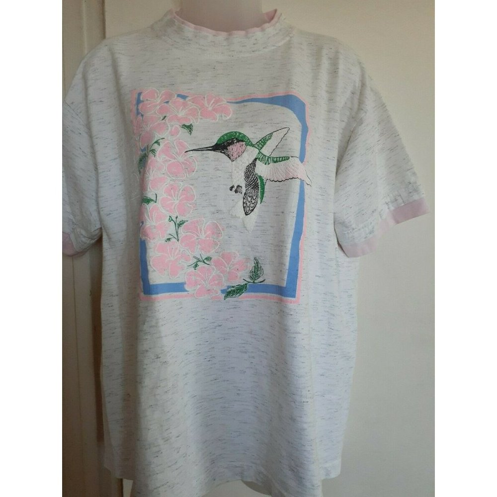 Vintage 90s Alore USA Made Mendocino CA Hummingbird Graphic Tee L Grey